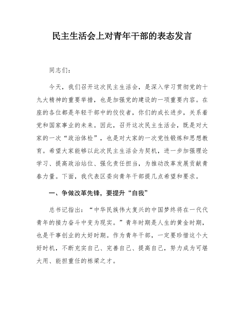 民主SH会上对青年干部的表态发言.docx_第1页