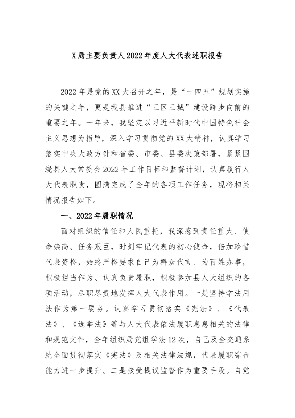X局主要负责人2022年度人大代表述职报告.docx_第1页