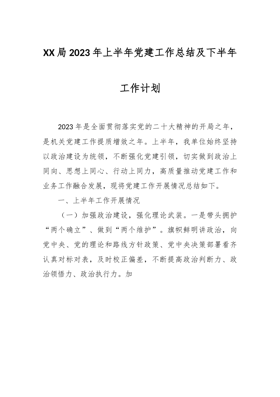 XX局2023年上半年党建工作总结及下半年工作计划.docx_第1页
