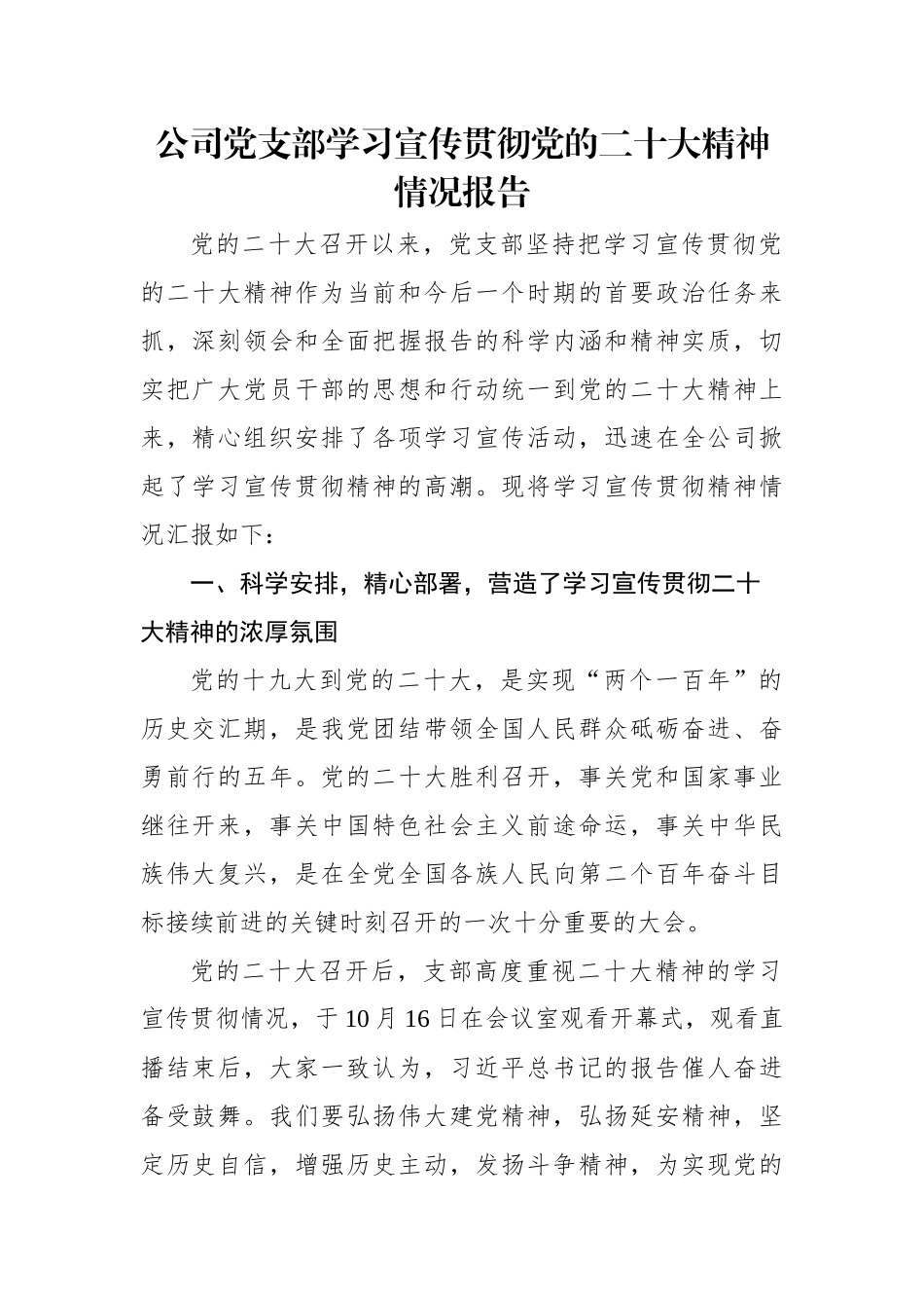 公司党支部学习宣传贯彻党的二十大精神情况报告.docx_第1页