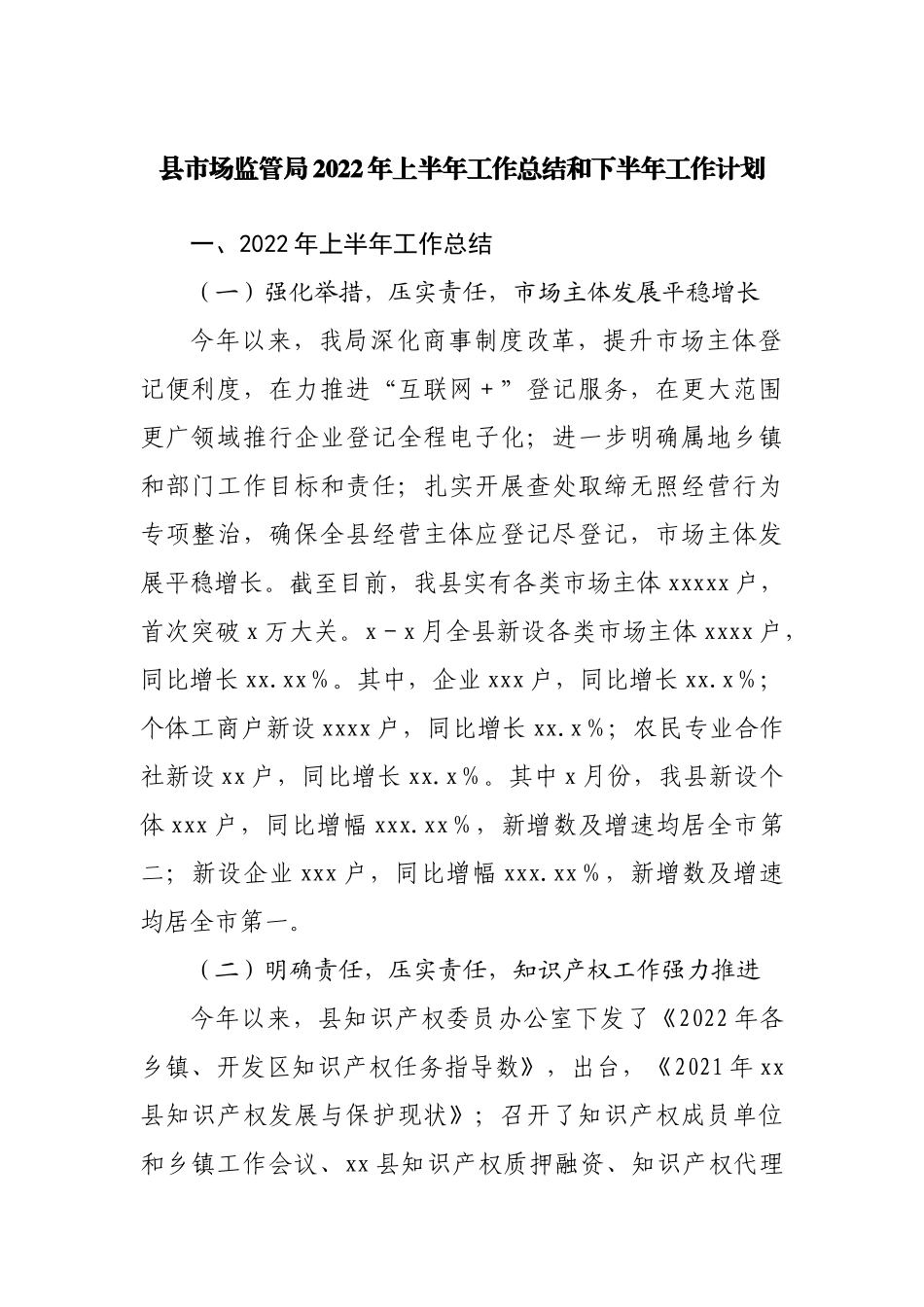 县市场监管局2022年上半年工作总结和下半年工作计划20220615.docx_第1页