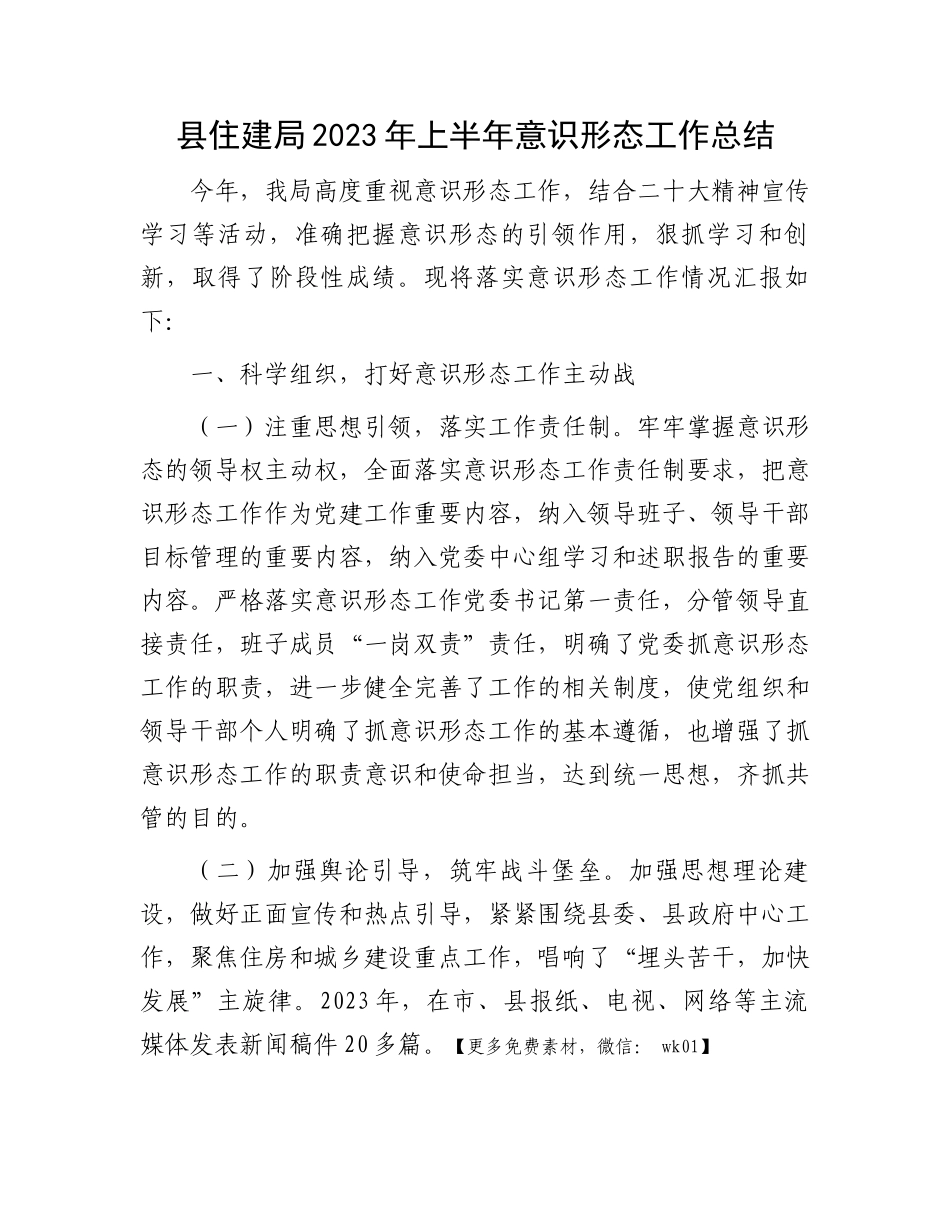 县住建局2023年上半年意识形态工作总结.docx_第1页