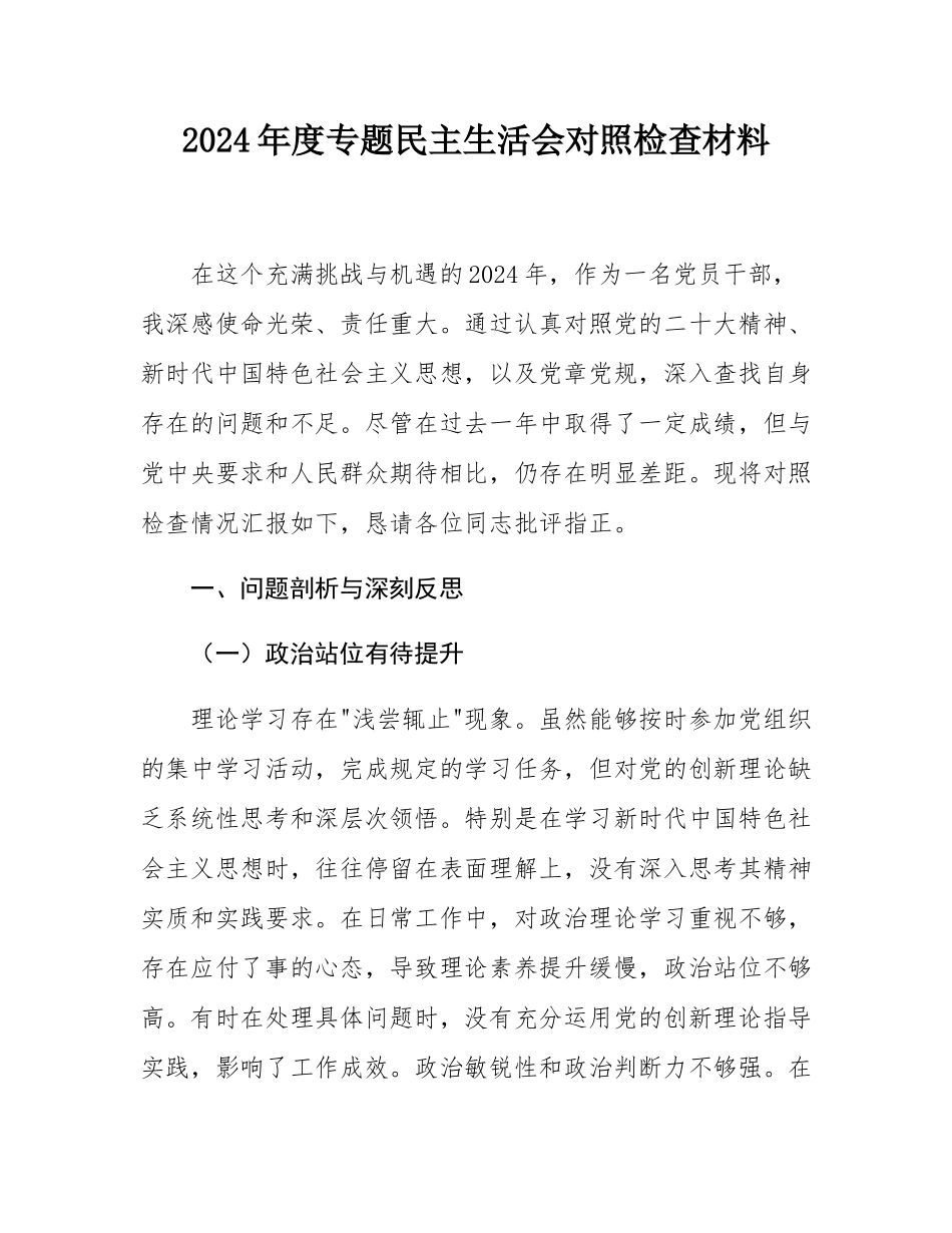 2024年度专题民主SH会对照检查材料.docx_第1页