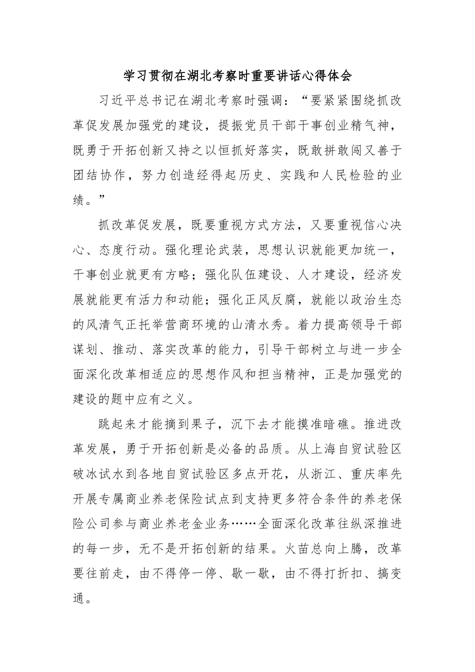 学习贯彻在湖北考察时重要讲话心得体会.docx_第1页