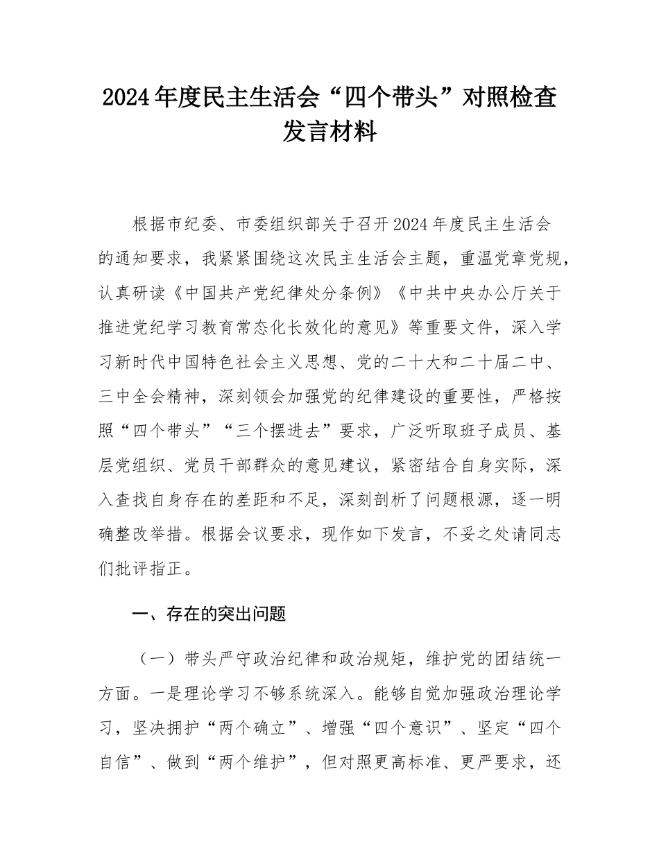 2024年度民主SH会“四个带头”对照检查发言材料.docx_第1页