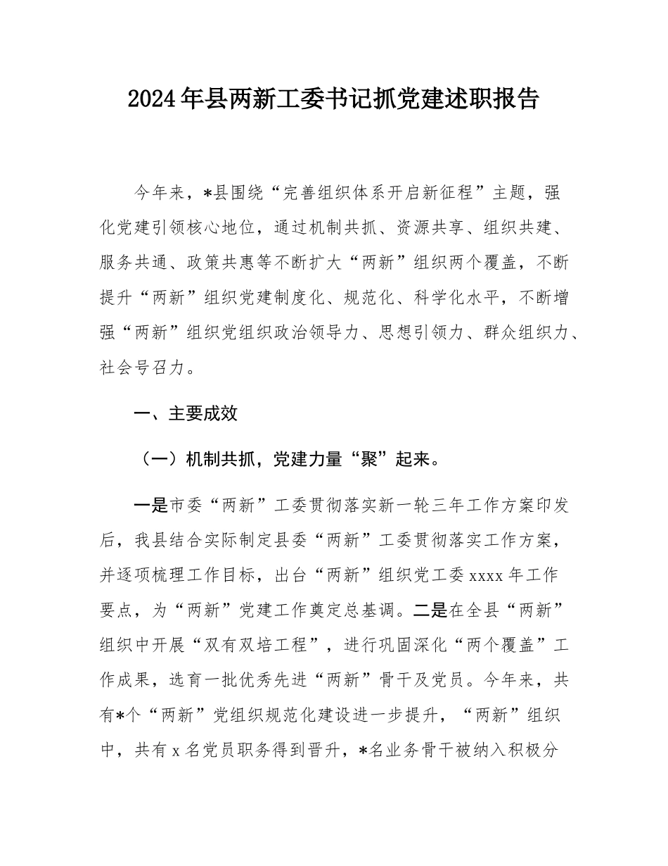 2024年县两新工委书记抓党建述职报告.docx_第1页