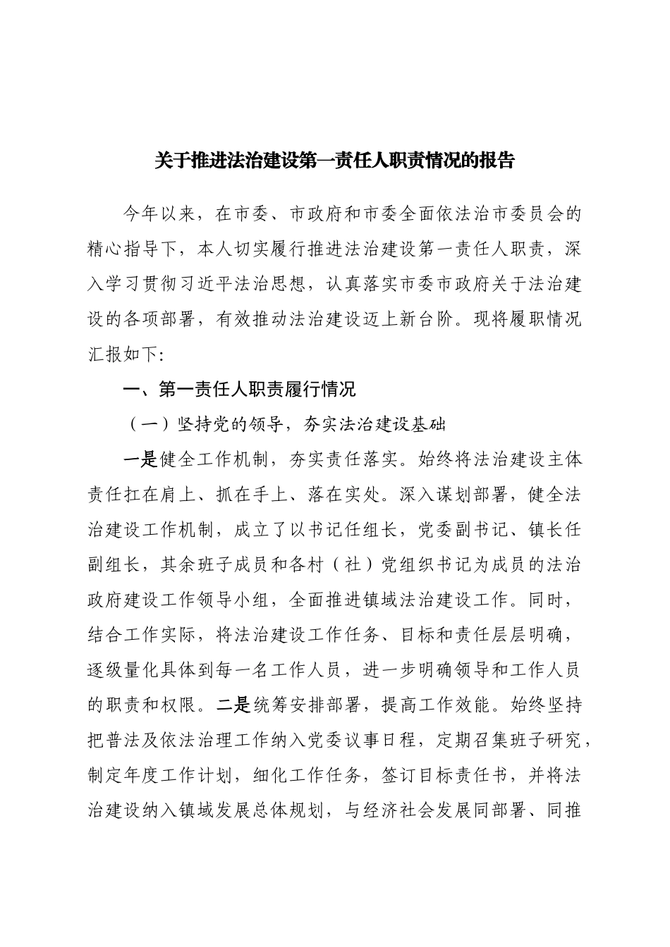 关于推进法治建设第一责任人职责情况的报告.doc_第1页
