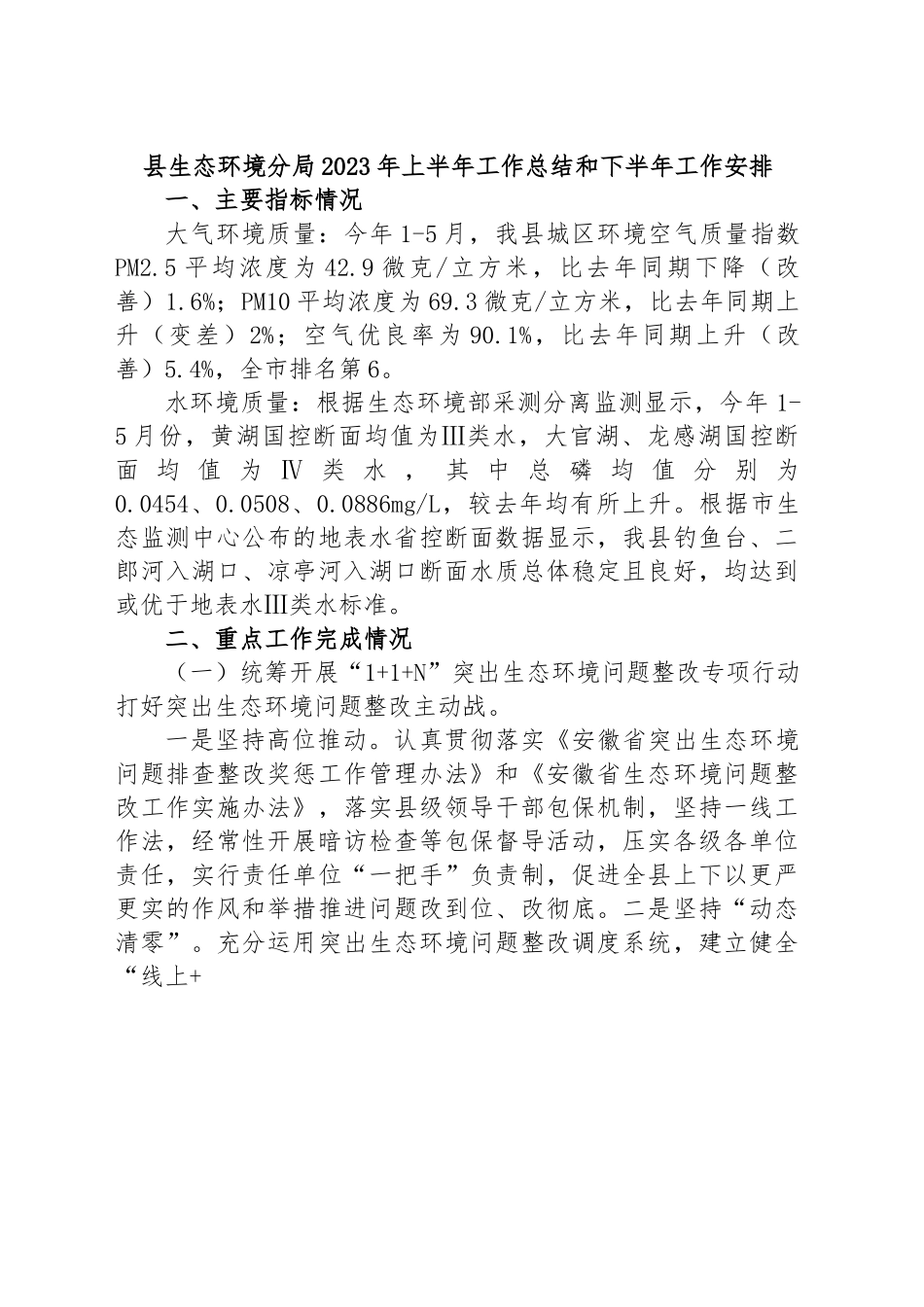 县生态环境分局2023年上半年工作总结和下半年工作安排.docx_第1页