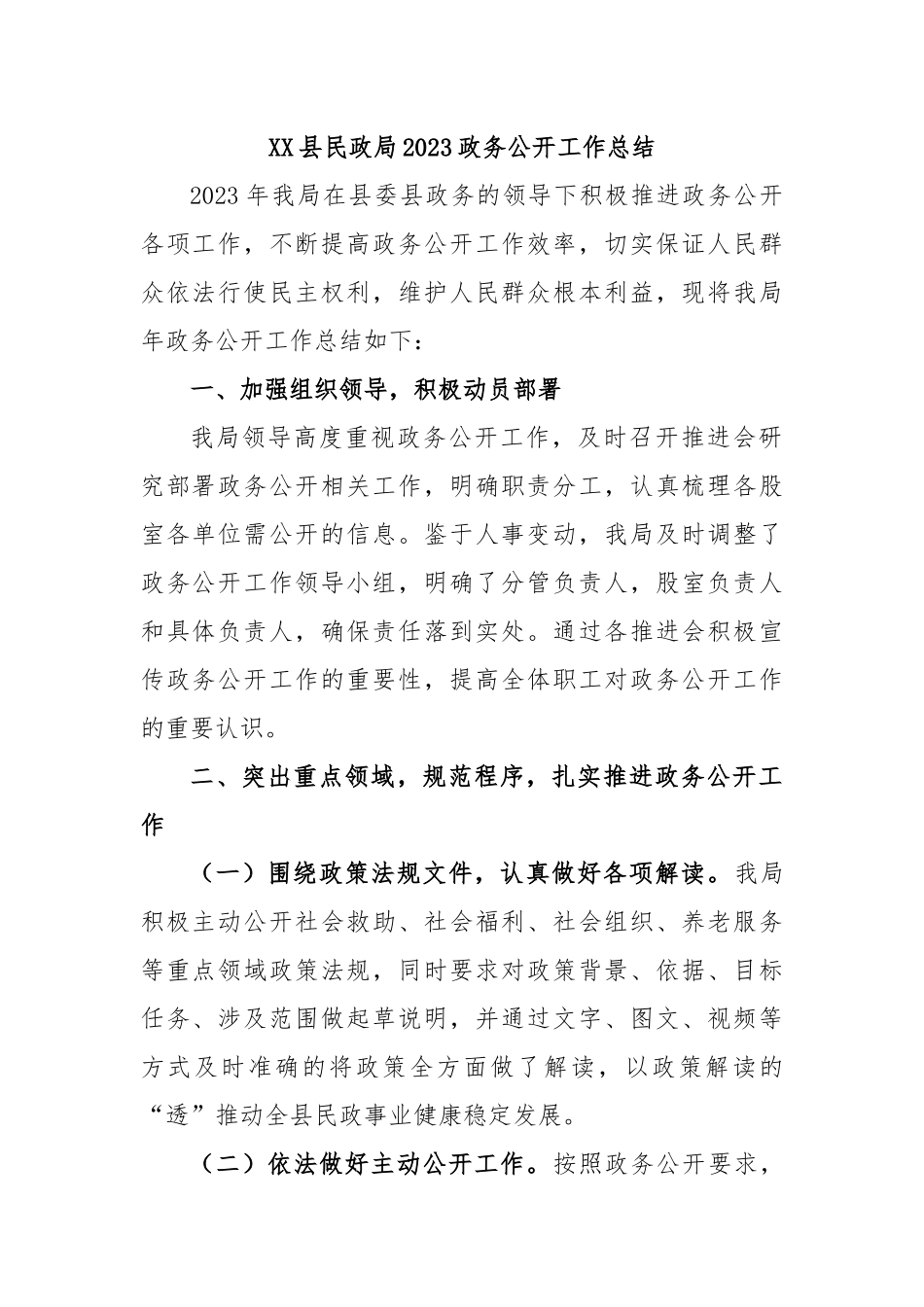 XX县民政局2023政务公开工作总结.docx_第1页