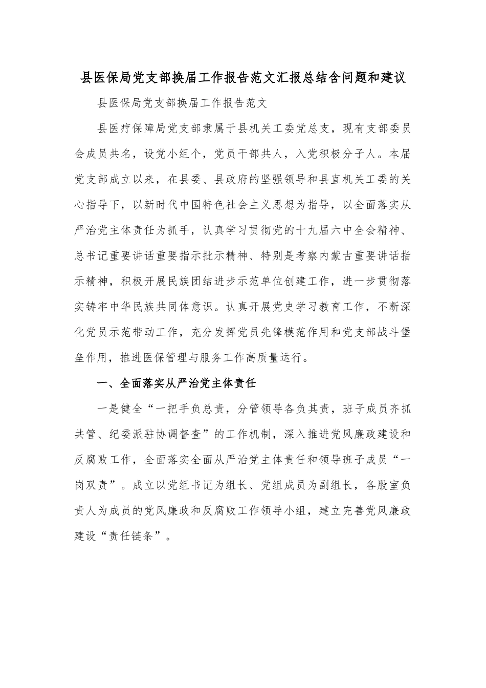 县医保局党支部换届工作报告范文汇报总结含问题和建议.docx_第1页