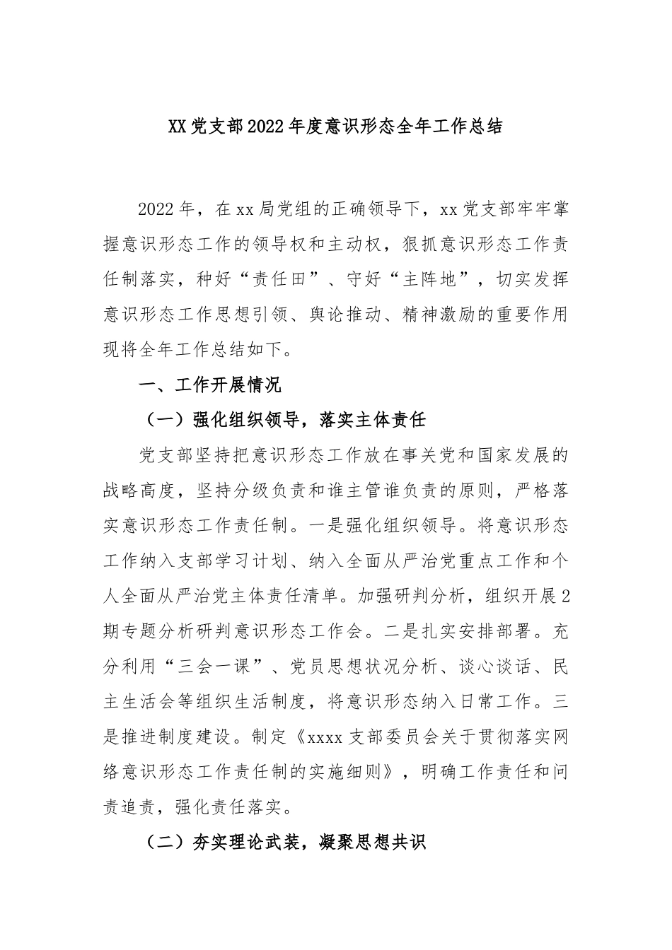 XX党支部2022年度意识形态全年工作总结.docx_第1页