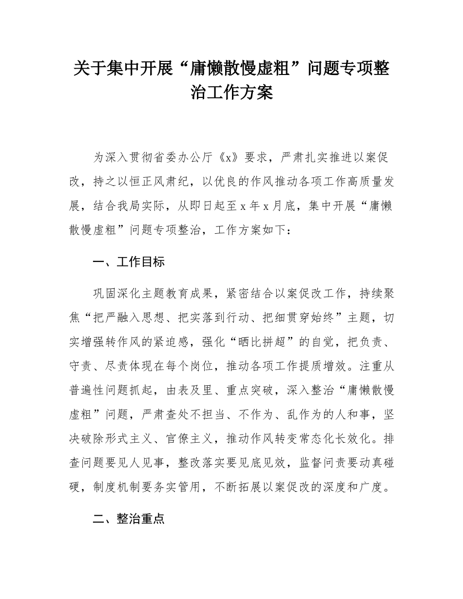 关于集中开展“庸懒散慢虚粗”问题专项整治工作方案.docx_第1页