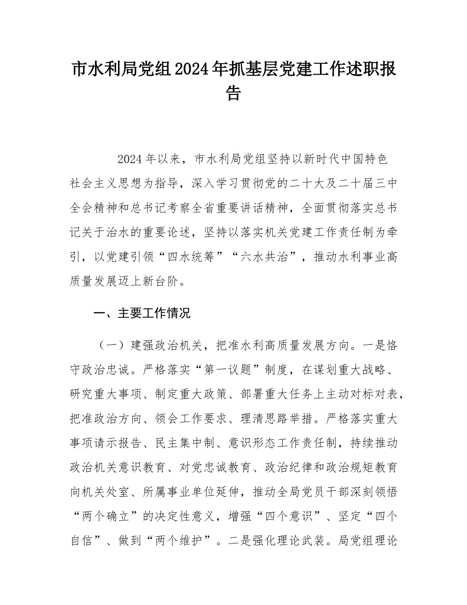 市水利局党组2024年抓基层党建工作述职报告.docx_第1页
