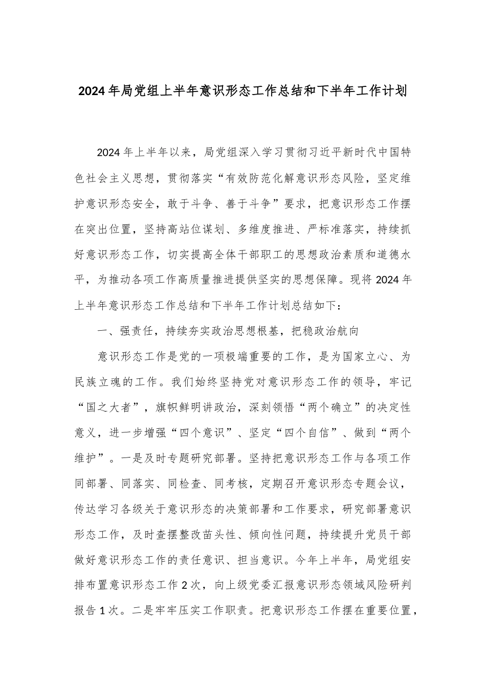 2024年局党组上半年意识形态工作总结和下半年工作计划.docx_第1页