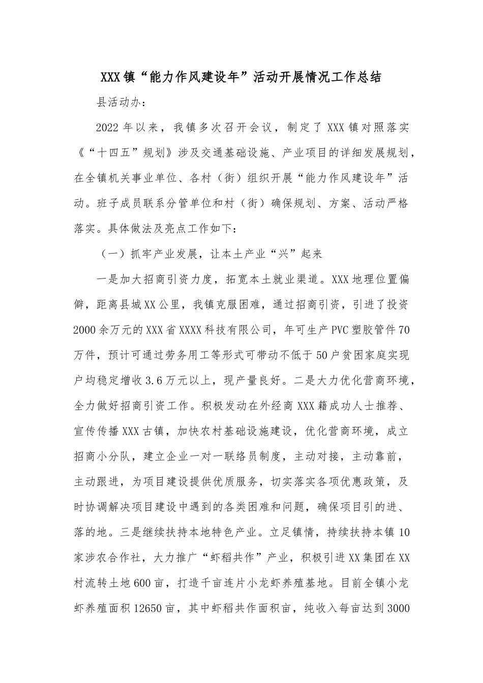 XXX镇“能力作风建设年”活动开展情况工作总结.docx_第1页