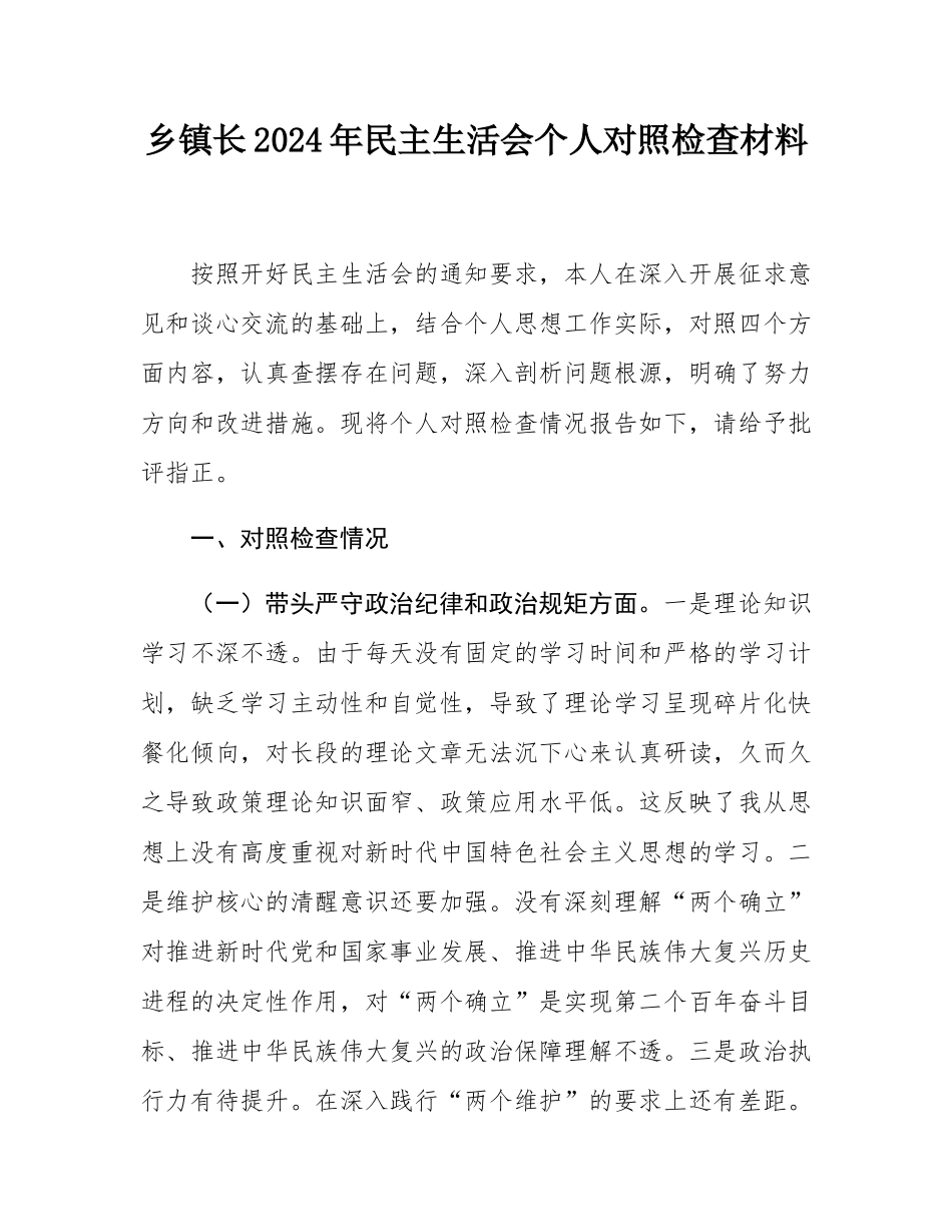 乡镇长2024年民主SH会个人对照检查材料.docx_第1页