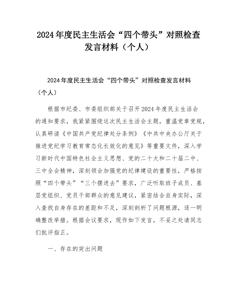 2024年度民主SH会“四个带头”对照检查发言材料（个人）.docx_第1页