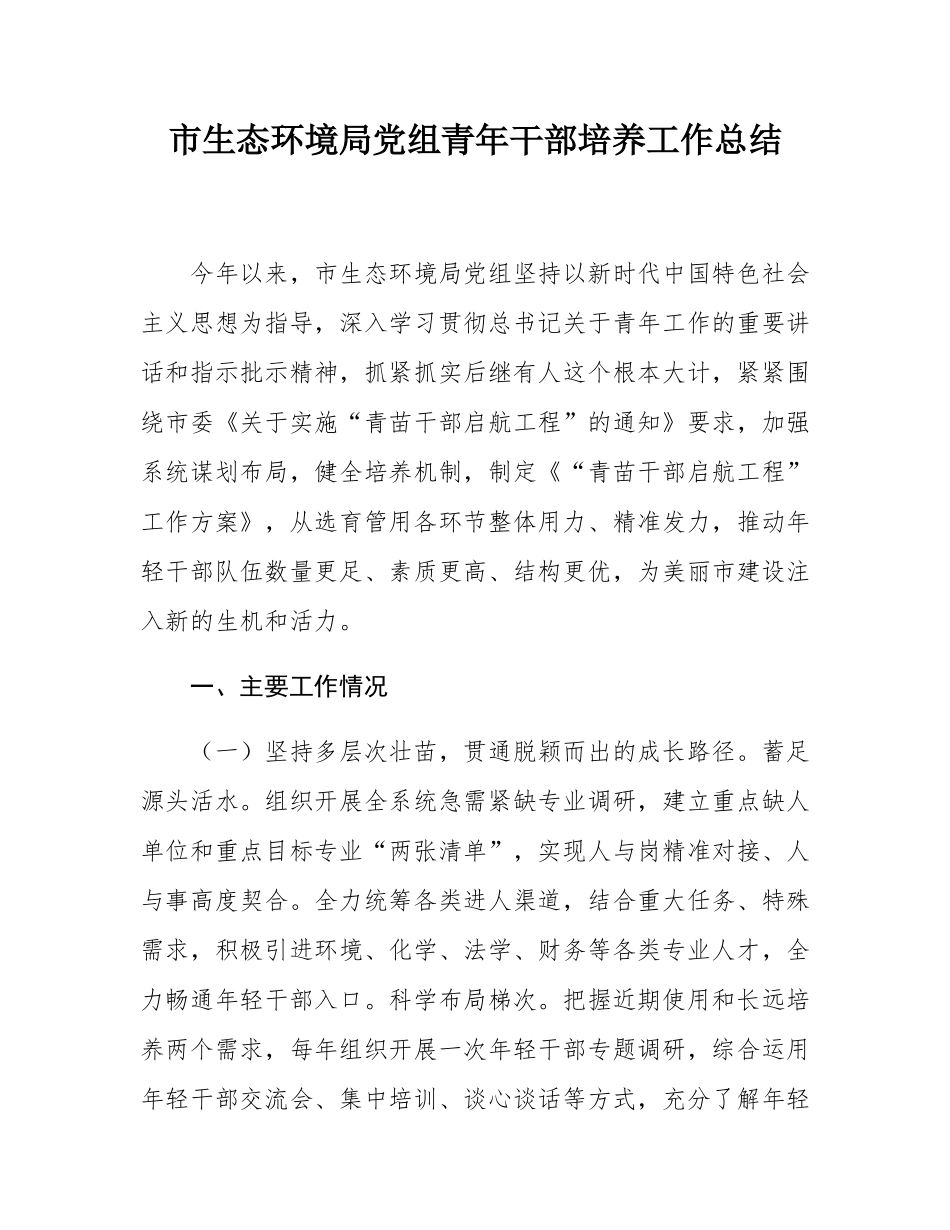 市生态环境局党组青年干部培养工作总结.docx_第1页