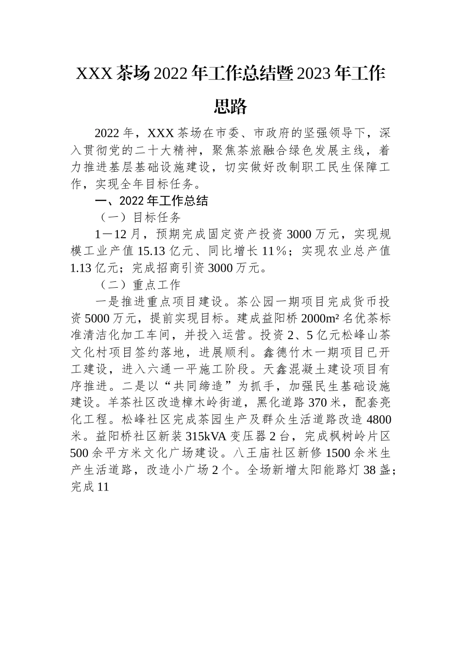 XXX茶场2022年工作总结暨2023年工作思路(20221103).docx_第1页