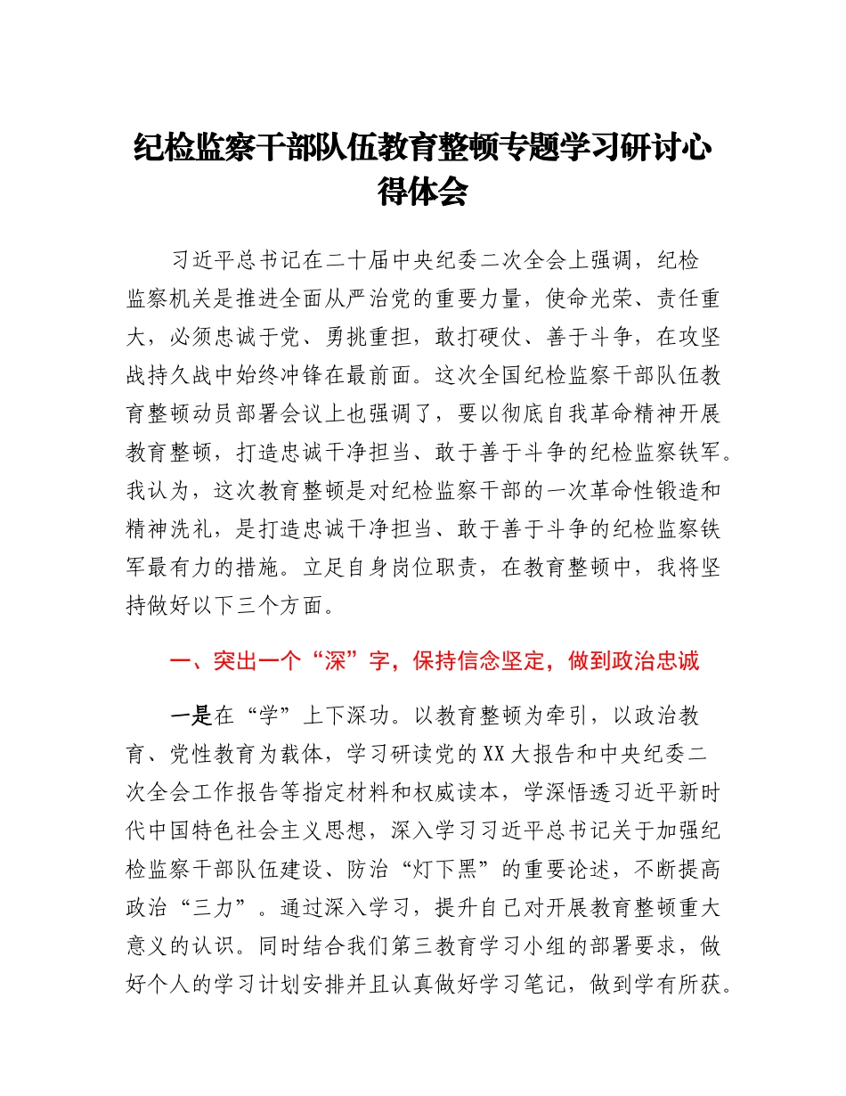 纪检监察干部队伍教育整顿专题学习研讨心得体会.docx_第1页