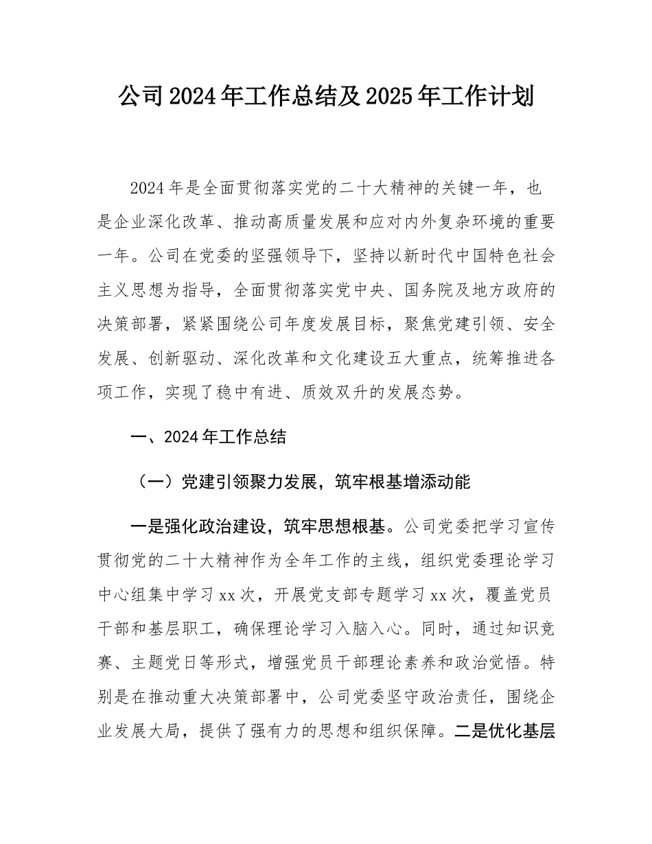 公司2024年工作总结及2025年工作计划.docx_第1页