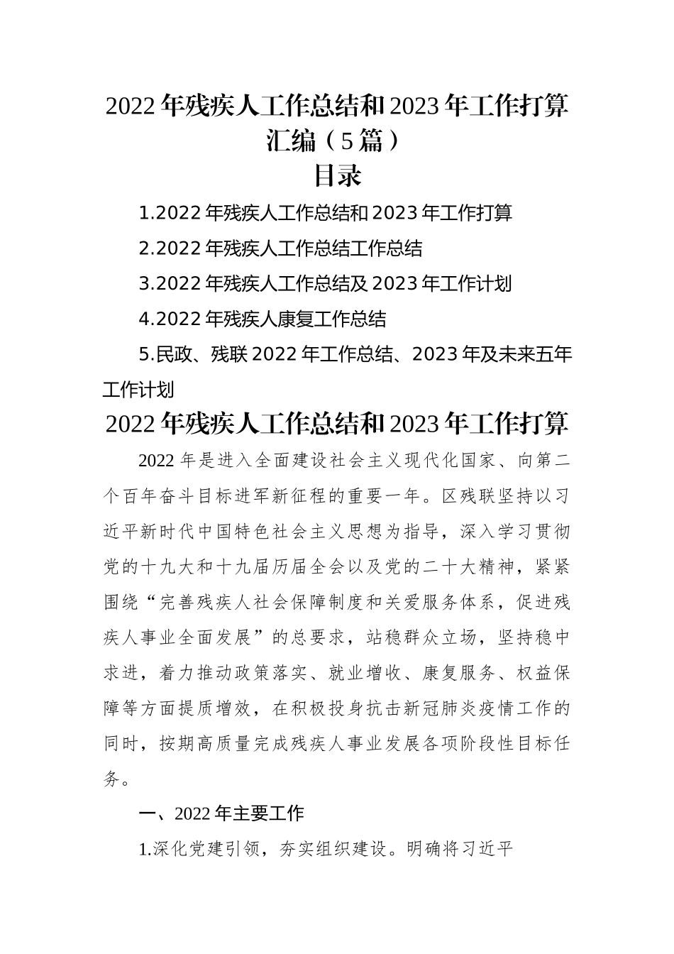2022年残疾人工作总结和2023年工作打算汇编（5篇）.docx_第1页