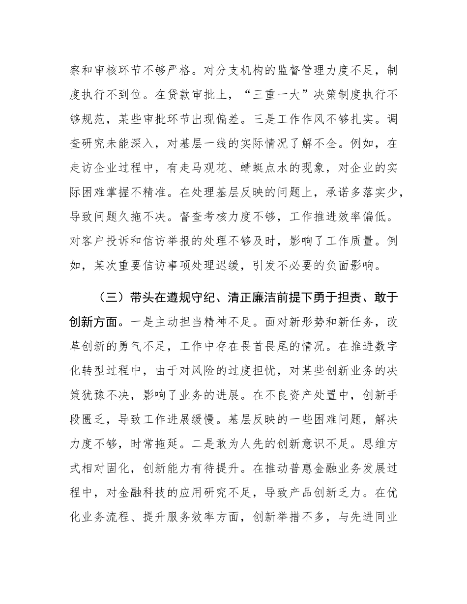 2024年度民主SH会银行行长个人对照检查材料（四个带头）.docx_第3页