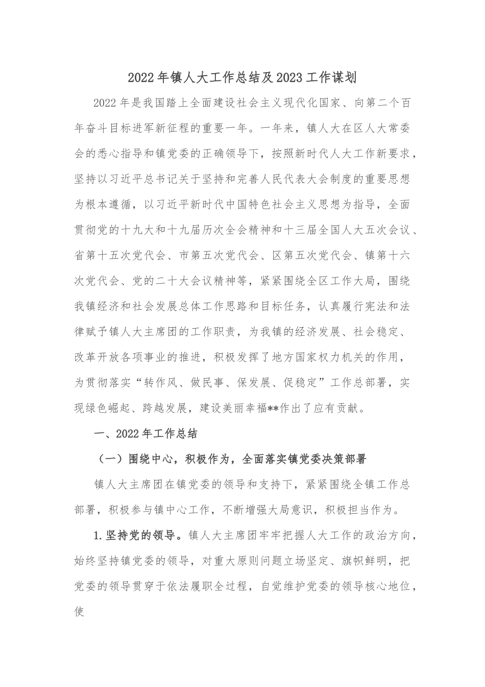 2022年镇人大工作总结及2023工作谋划.docx_第1页