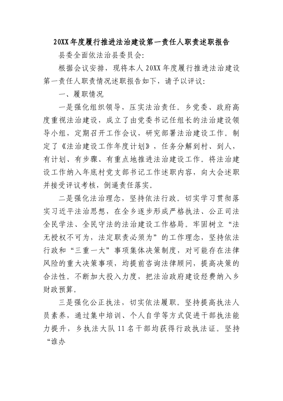 20XX年度履行推进法治建设第一责任人职责述职报告.docx_第1页