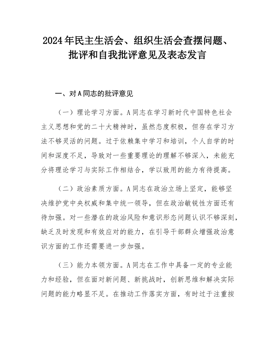 2024年民主SH会、组织SH会查摆问题、批评和自我批评意见及表态发言.docx_第1页