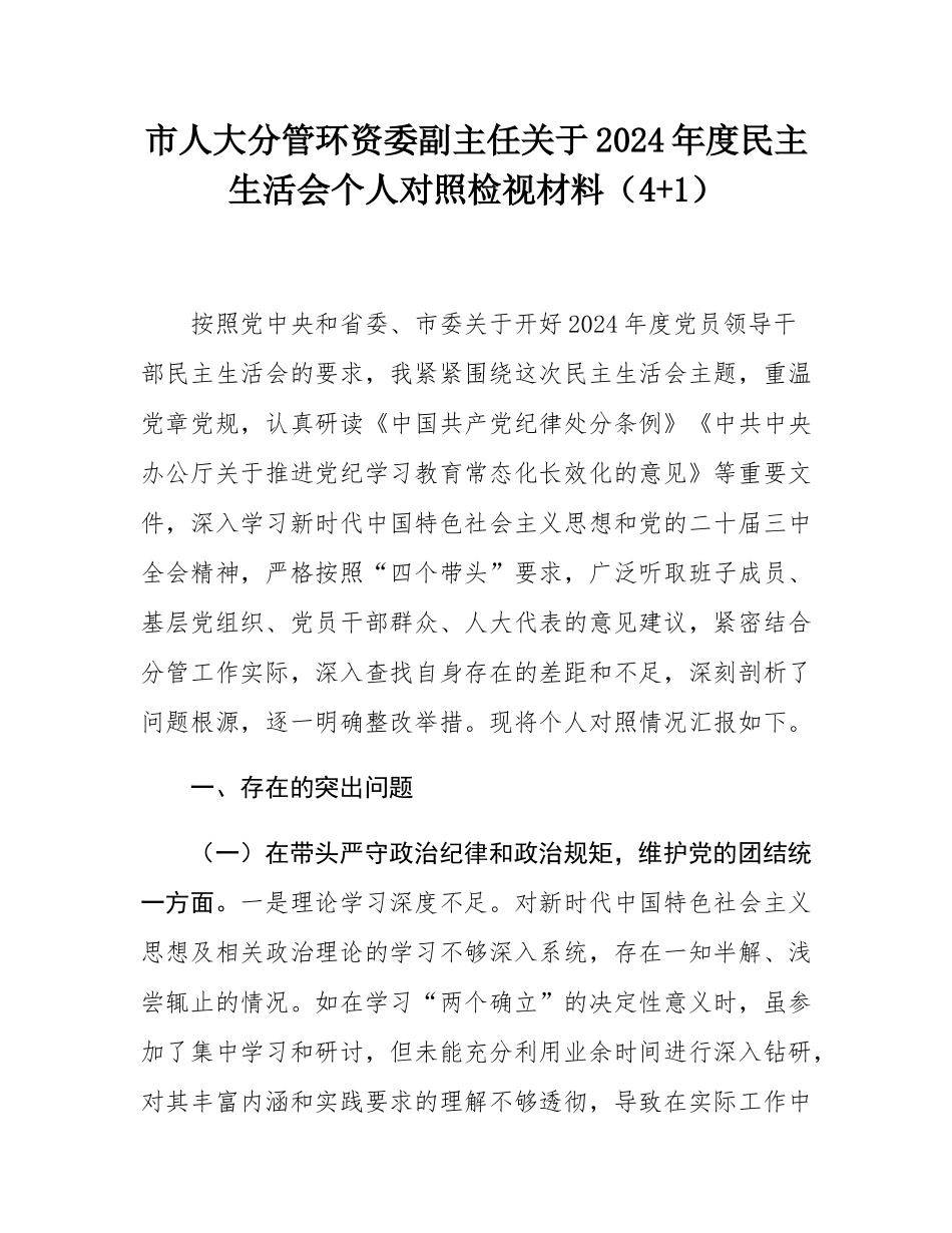 市人大分管环资委副主任关于2024年度民主SH会个人对照检视材料（4+1）.docx_第1页