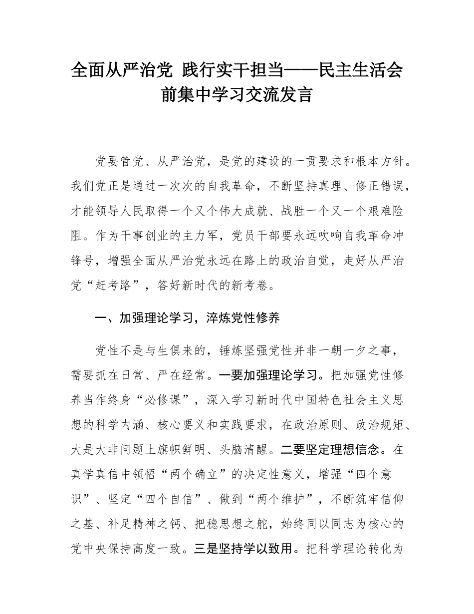 全面从严治党 践行实干担当——民主SH会前集中学习交流发言.docx_第1页