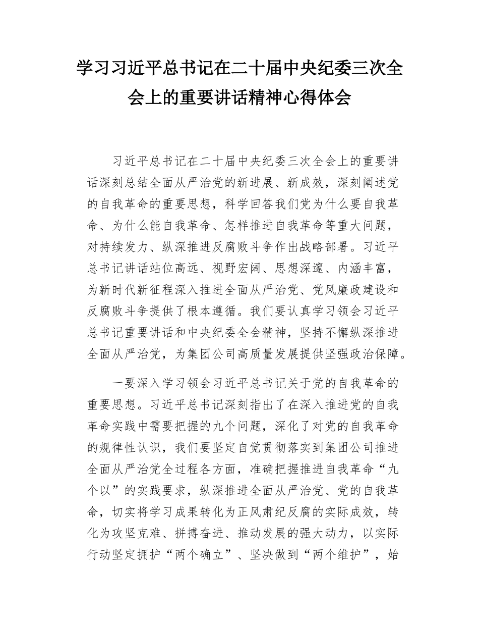 学习习近平总书记在二十届中央纪委三次全会上的重要讲话精神心得体会.docx_第1页