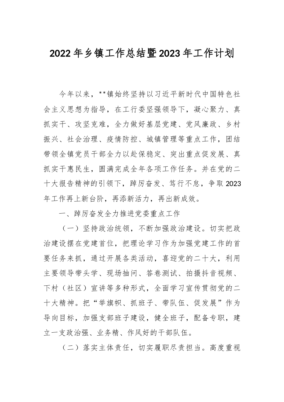 2022年乡镇工作总结暨2023年工作计划.docx_第1页