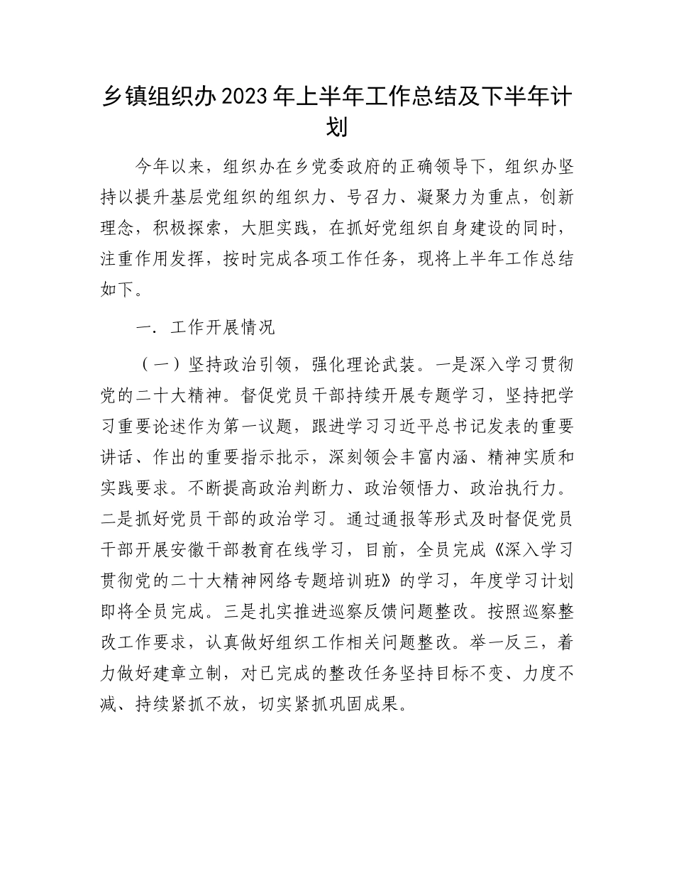 2023上半年工作总结：乡镇组织办2023年上半年工作总结及下半年计划.docx_第1页