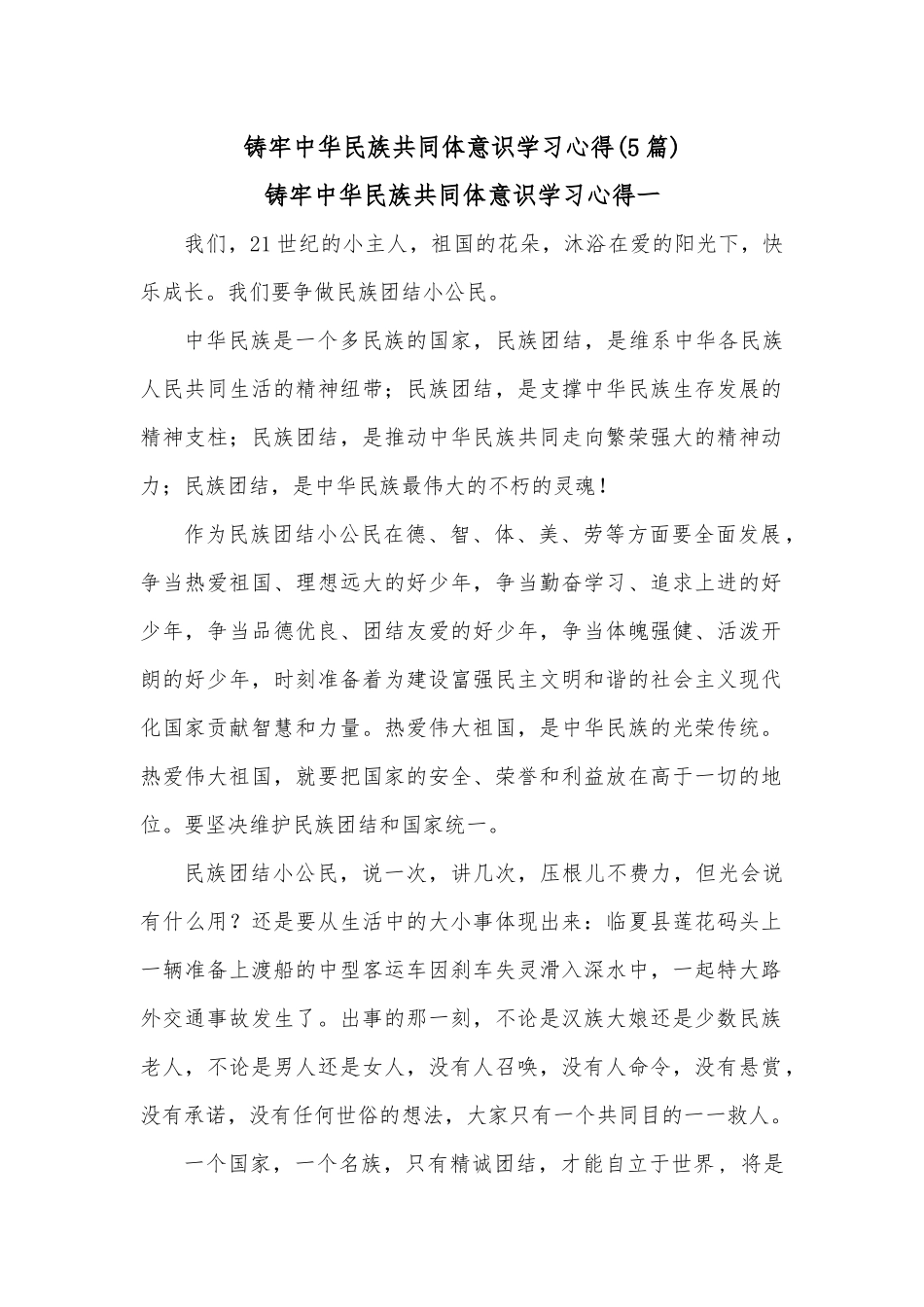 （5篇）铸牢中华民族共同体意识学习心得.docx_第1页