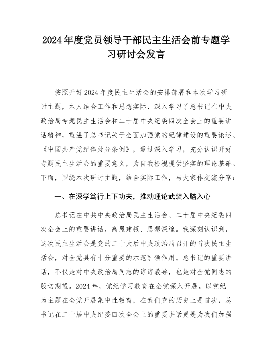 2024年度党员领导干部民主SH会前专题学习研讨会发言.docx_第1页