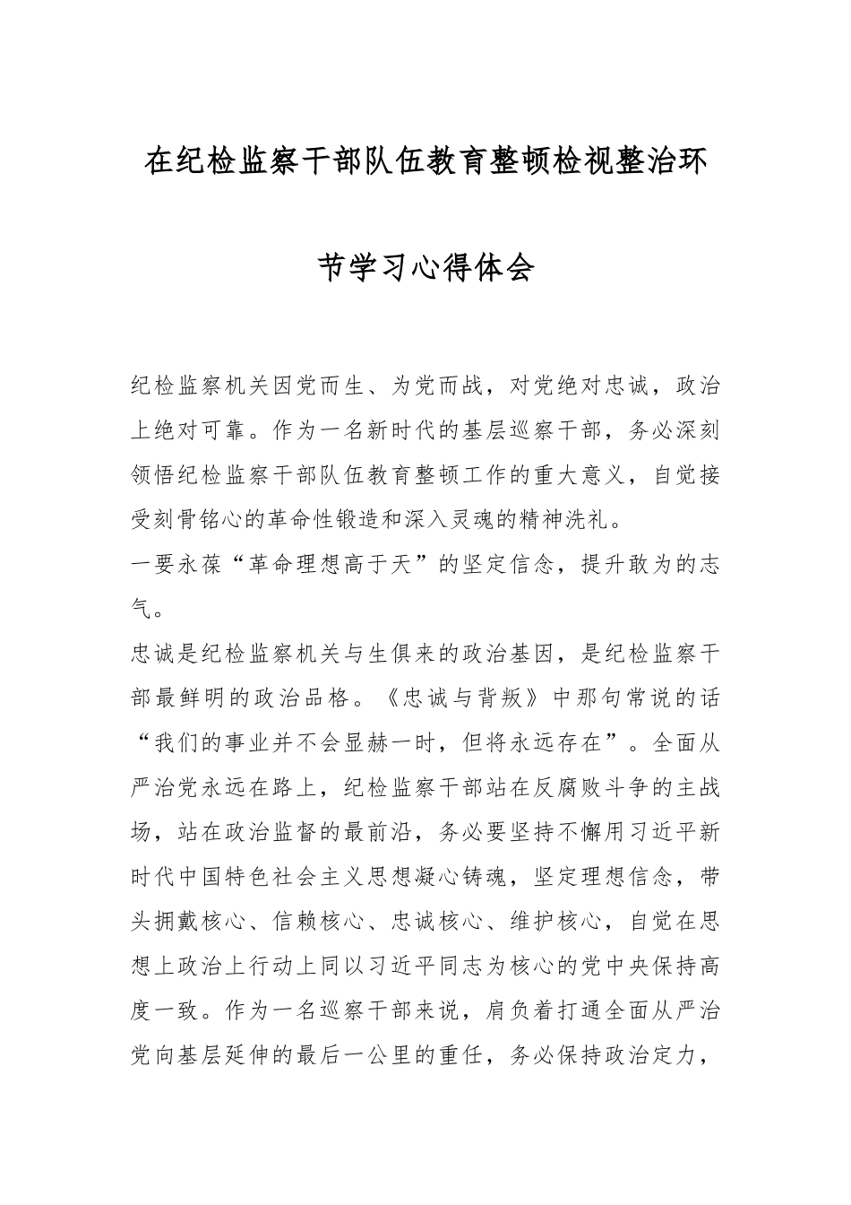在纪检监察干部队伍教育整顿检视整治环节学习心得体会.docx_第1页