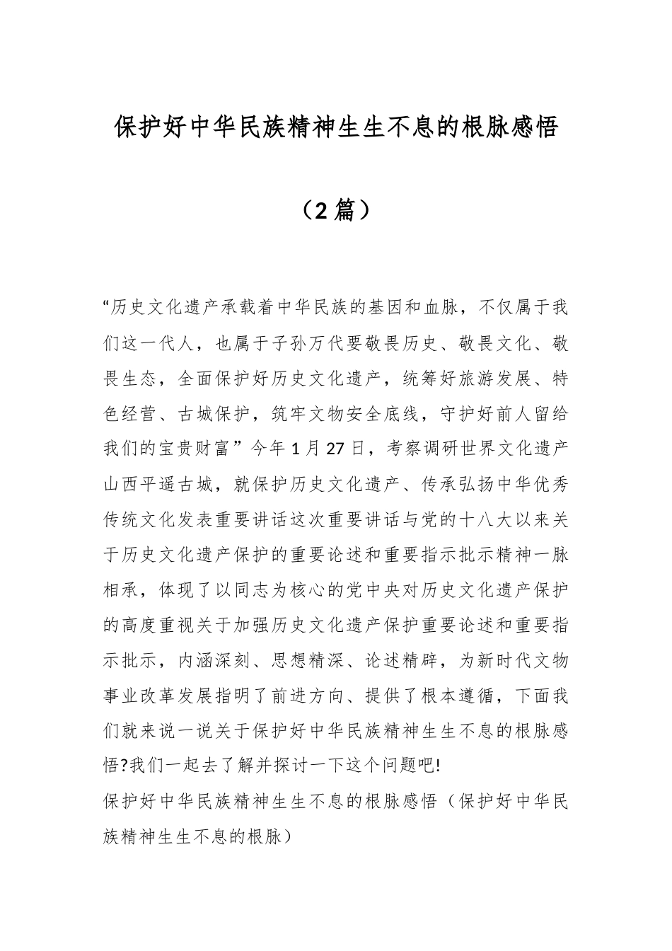 （2篇）保护好中华民族精神生生不息的根脉感悟.docx_第1页