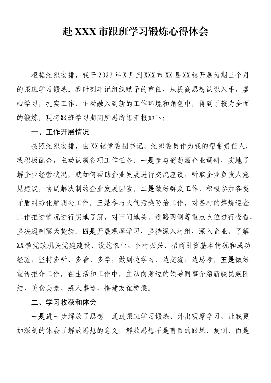 赴xxx市跟班学习锻炼心得体会.docx_第1页