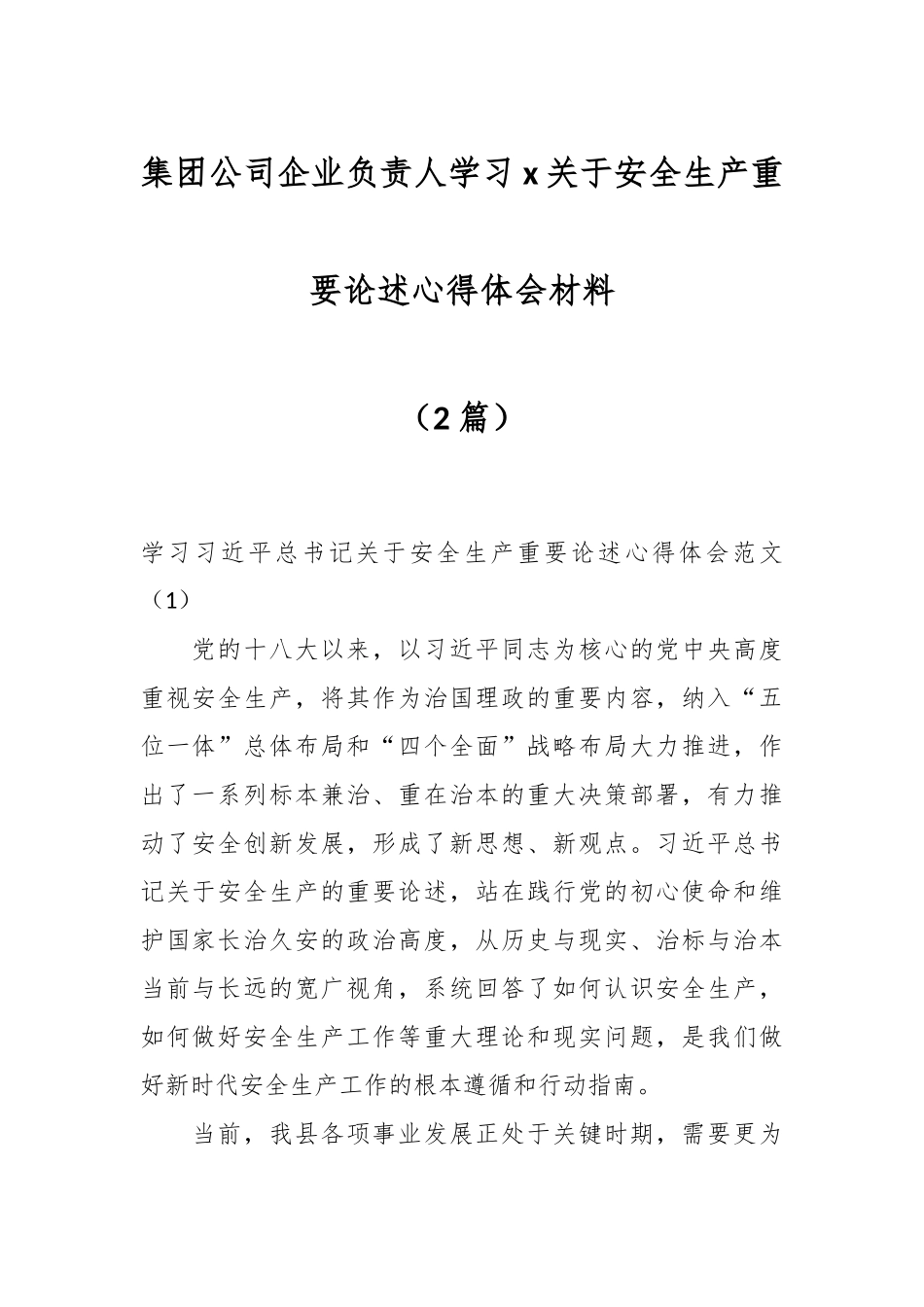 （2篇）XX集团公司企业负责人学习x关于安全生产重要论述心得体会材料.docx_第1页