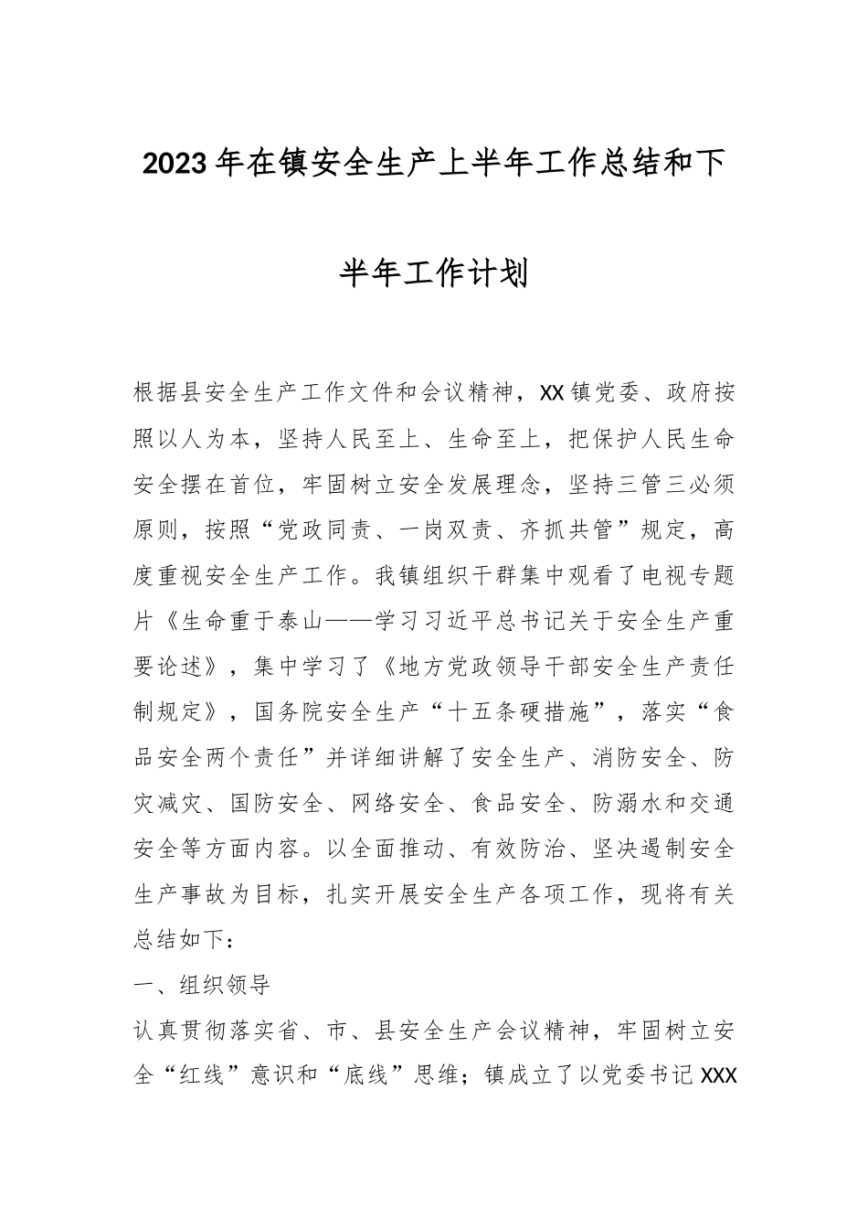 2023年在镇安全生产上半年工作总结和下半年工作计划.docx_第1页