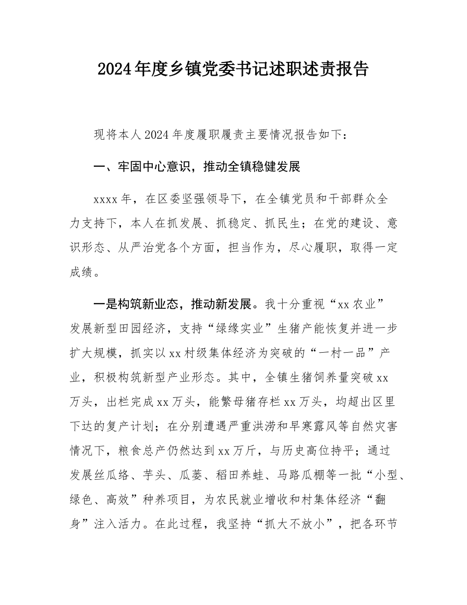 2024年度乡镇党委书记述职述责报告.docx_第1页