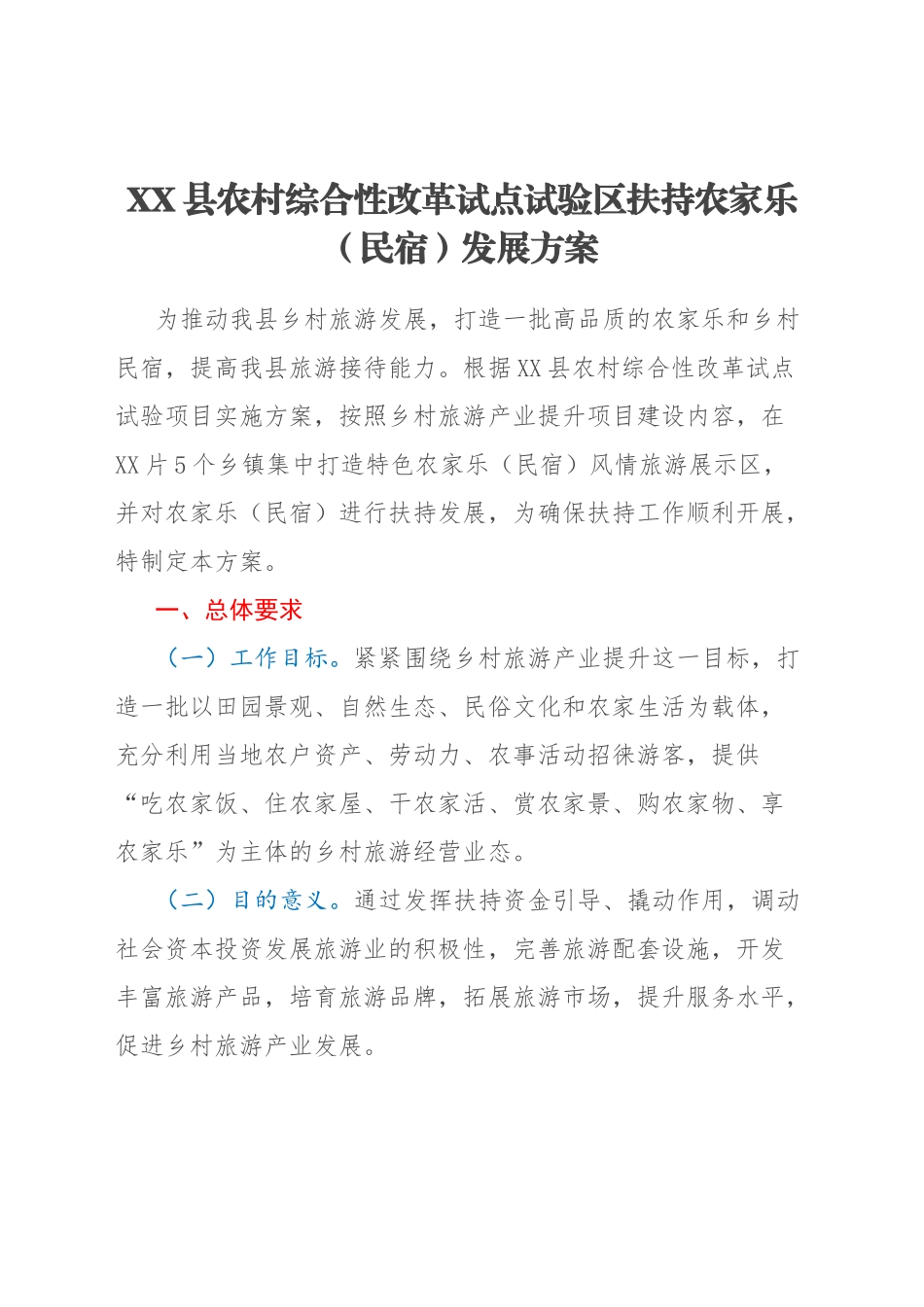 XX县农村综合性改革试点试验区扶持农家乐（民宿）发展方案.docx_第1页