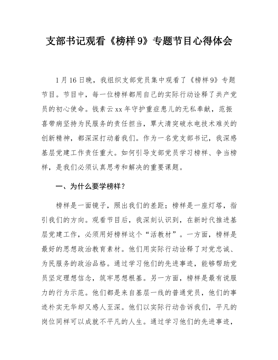 支部书记观看《榜样9》专题节目心得体会.docx_第1页