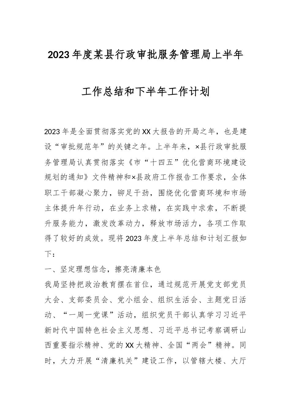 2023年度某县行政审批服务管理局上半年工作总结和下半年工作计划.docx_第1页
