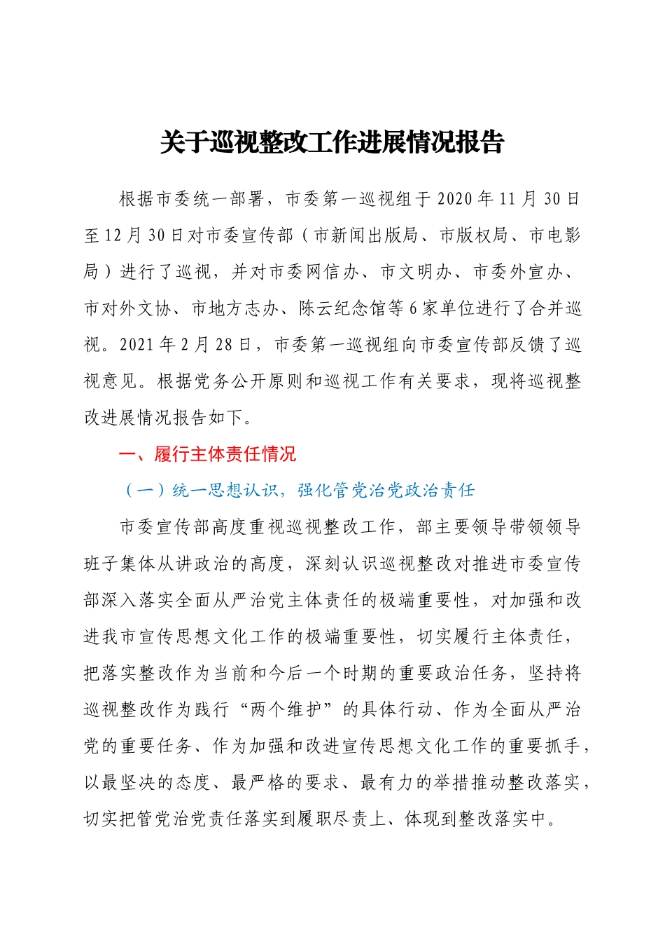 关于巡视整改工作进展情况报告.docx_第1页