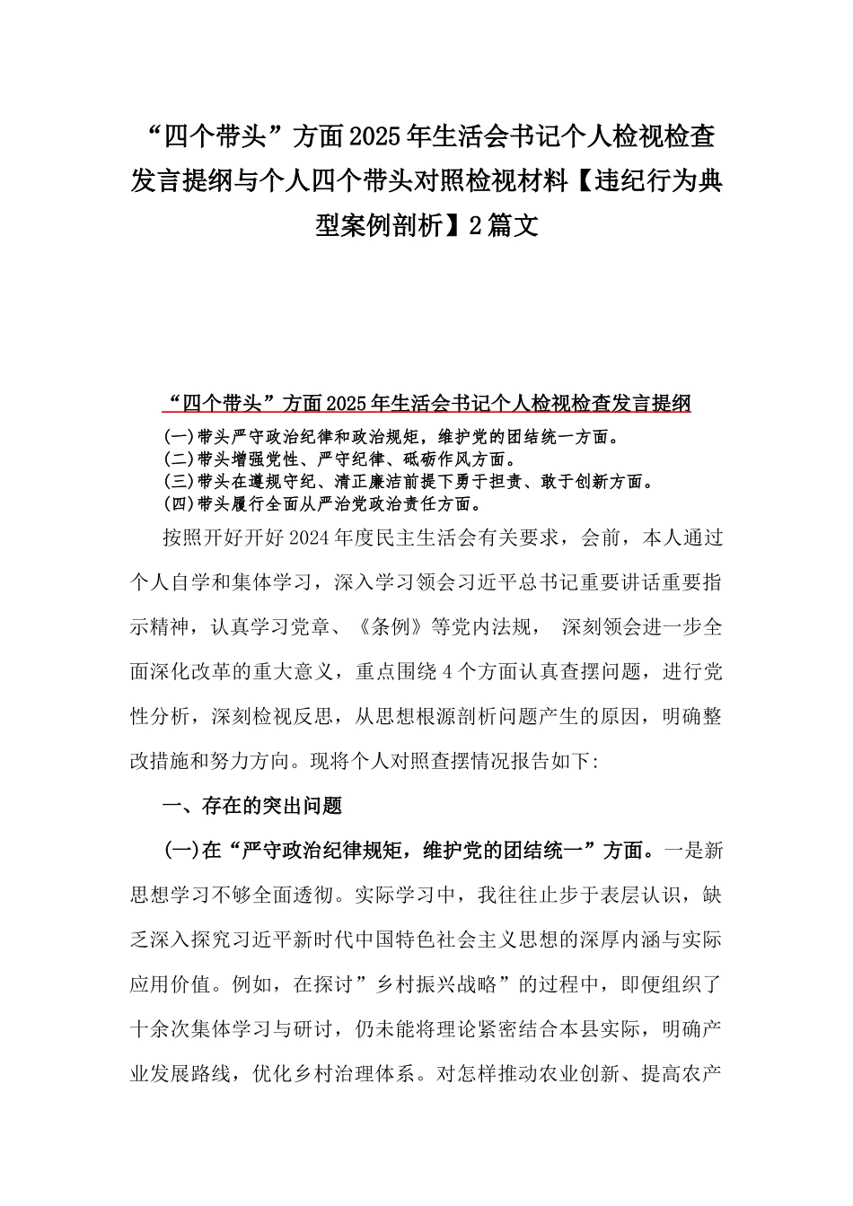 “四个带头”方面2025年生活会书记个人检视检查发言提纲与个人四个带头对照检视材料【违纪行为典型案例剖析】2篇文.docx_第1页