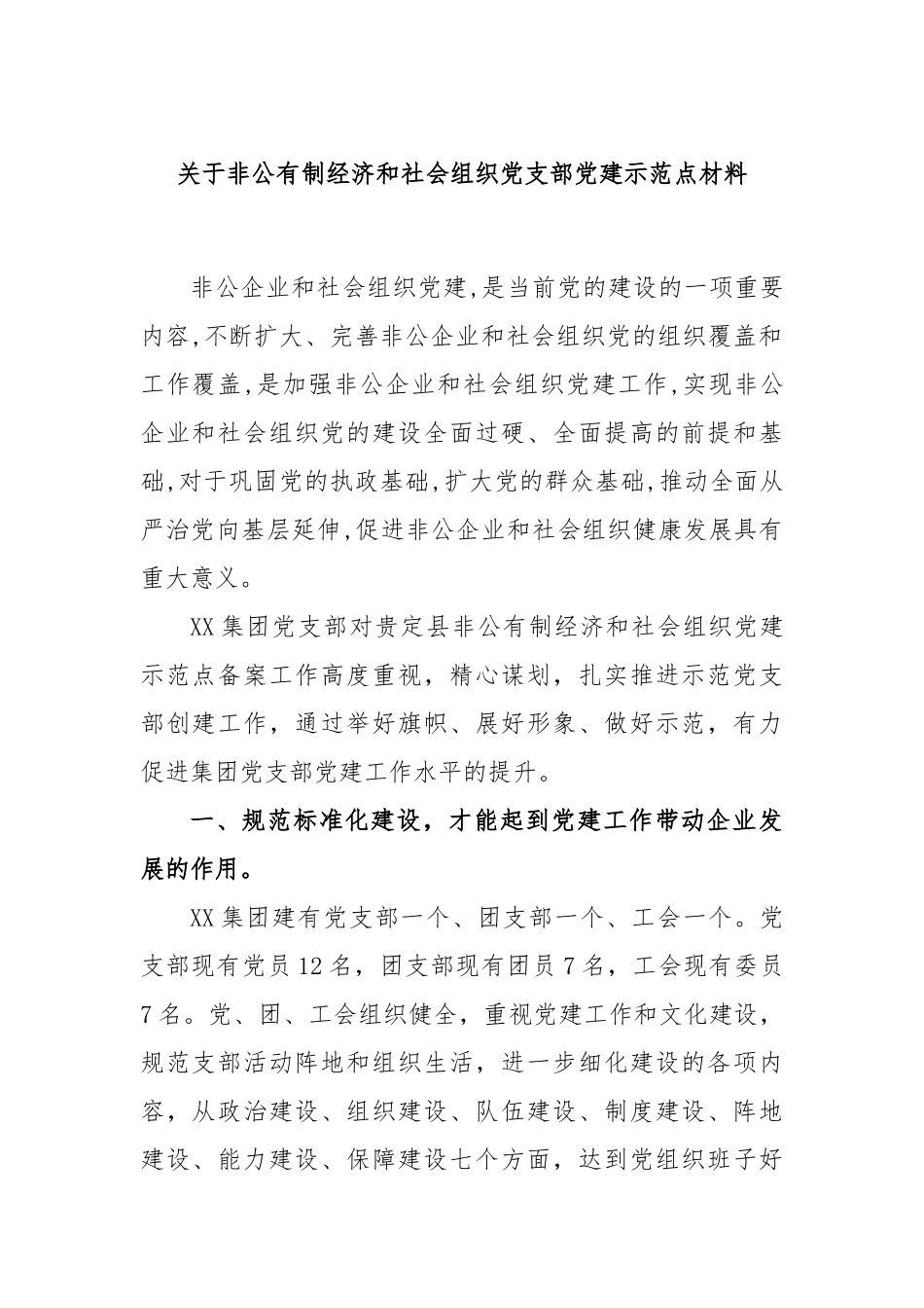 关于非公有制经济和社会组织党支部党建示范点材料.docx_第1页
