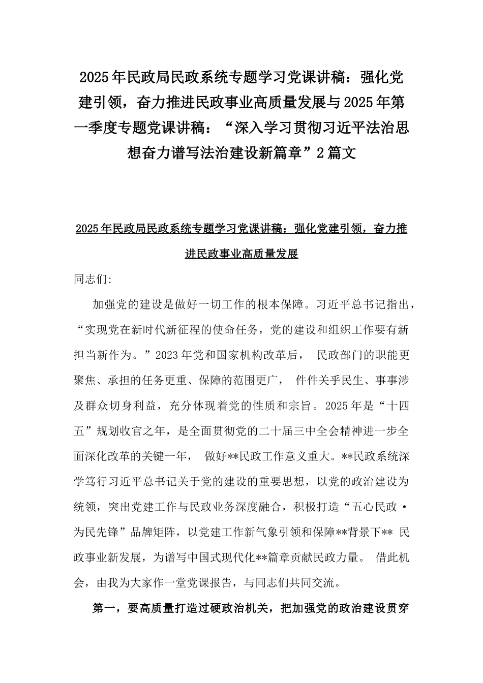 2025年民政局民政系统专题学习党课讲稿：强化党建引领，奋力推进民政事业高质量发展与2025年第一季度专题党课讲稿：“深入学习贯彻习近平法治思想奋力谱写法治建设新篇章”2篇文.docx_第1页